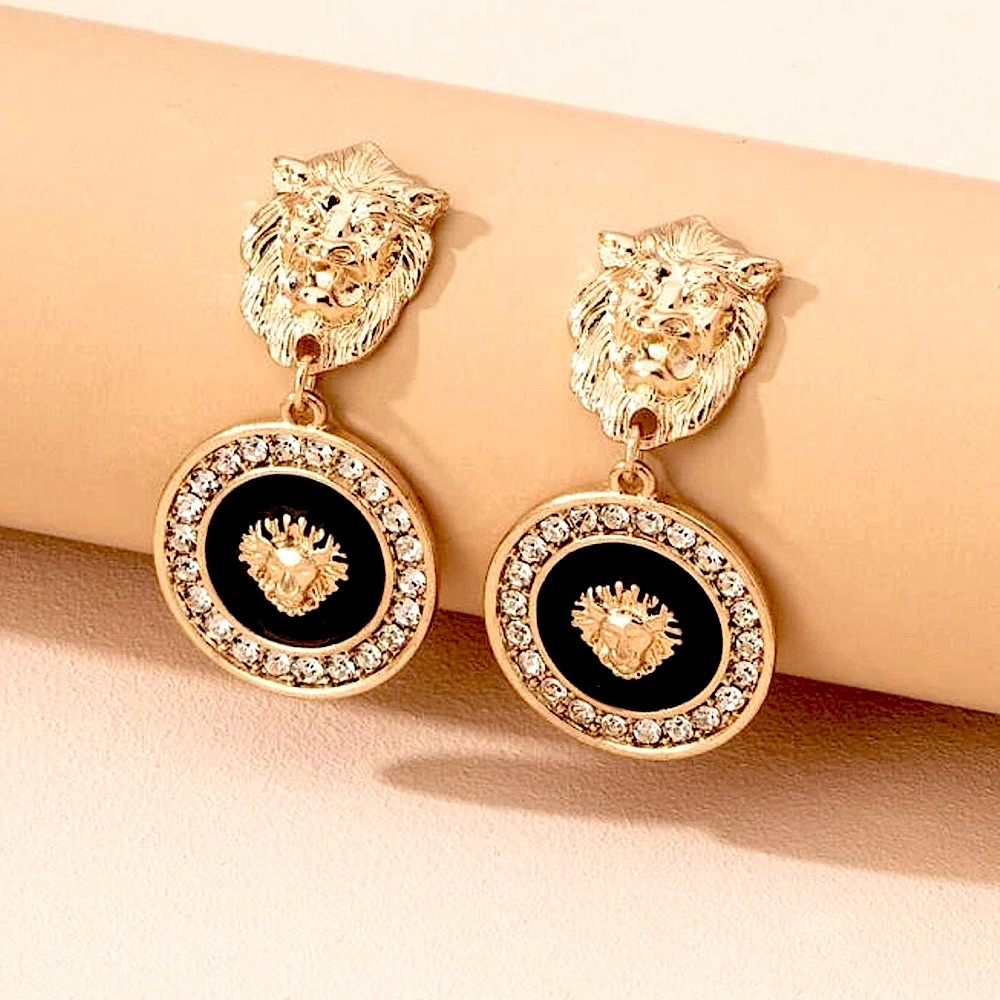 Vintage 90s Style Gold Lion White Zircon Black Lacquer Statement Earrings - Picture 2 of 12